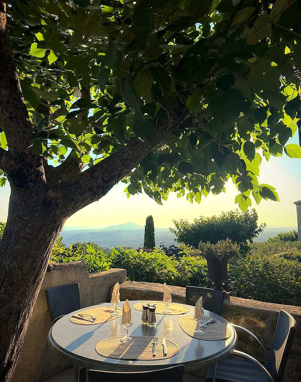 Table dressée sous le figuier de la terrasse, face au panorama du Haut-Var